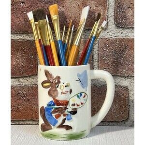 Bunny Rabbit Painter Ceramic Mug Pen Holder White Made in Japanese Paint Palette
